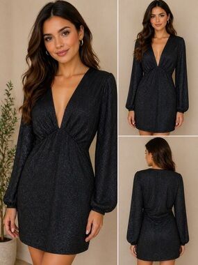 519. Black Sparkle Deep V Long-Sleeve Mini Dress